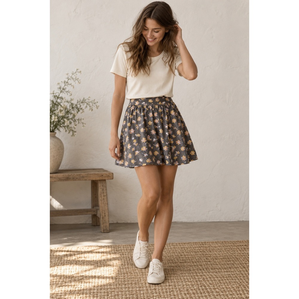 Pact NWT Organic Cotton Floral Mini Skirt Olive Green Yello Pocket Skater- XS